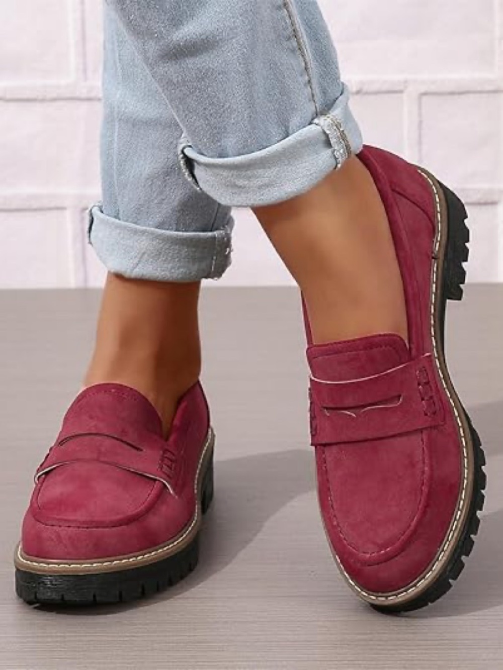 NWOT Red Suede Womens Loafers Shoes Platform Chunky Penny Loafer Lug Sole 8.5 - Picture 4 of 7